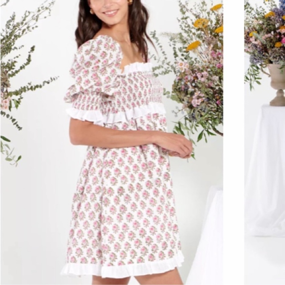 Neve & Noor Nancy Mini Dress In Posey Petal Smocked Cotton Pink White Sz S/M